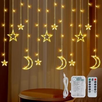 DAOUZL Rideau Lumineux Étoile Lune,3.5 Mètres LED Guirlande Etoile 8 Modes Guirlande Lumineuse Étoiles Lune,Deco Ramadan,Rideau Lumineux de Noël,Star Rideaux Lumière pour le Ramadan,Noël,Mariage,Fête